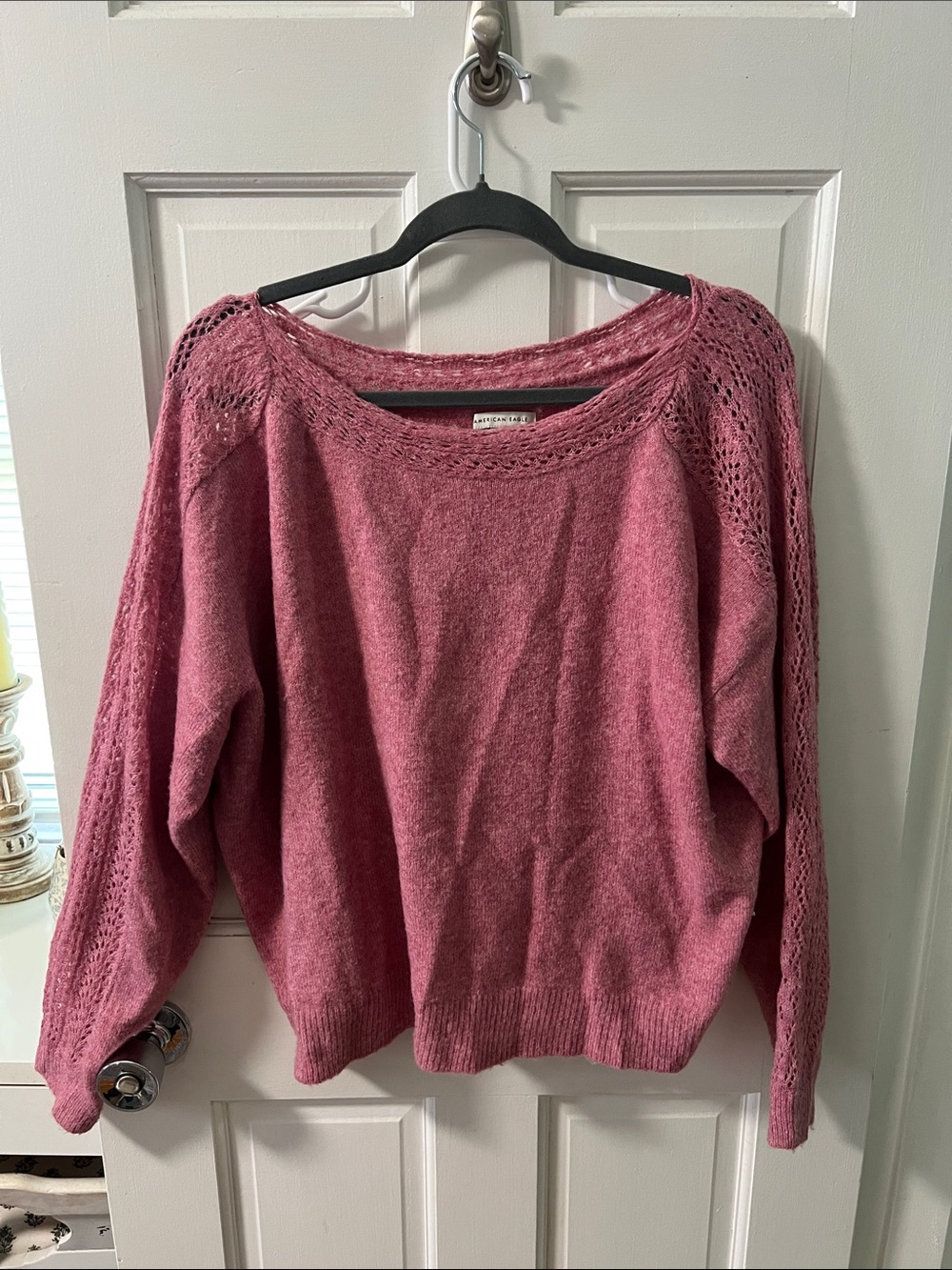 American Eagle Outfitters Rose Pink Open-Stitch Crewneck Sweater